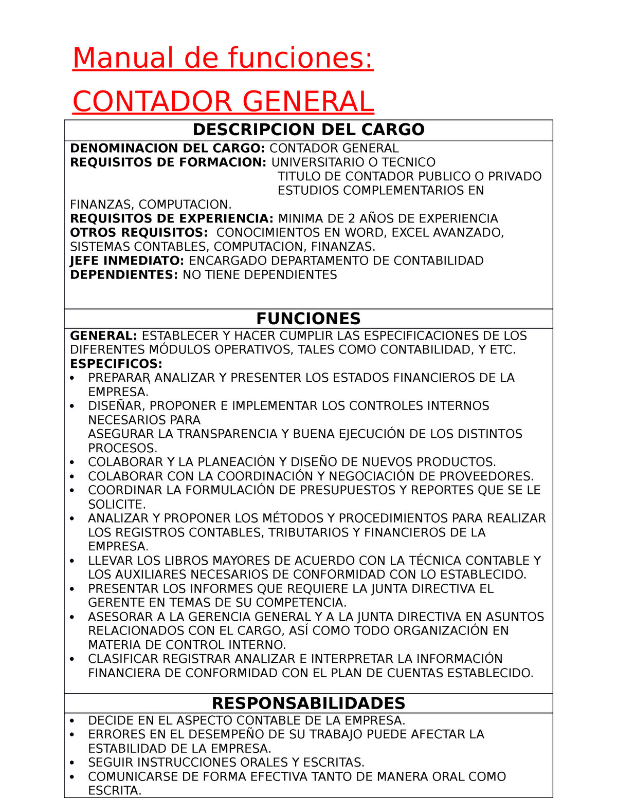 Descripcion Del Cargo Practica Manual De Funciones Contador