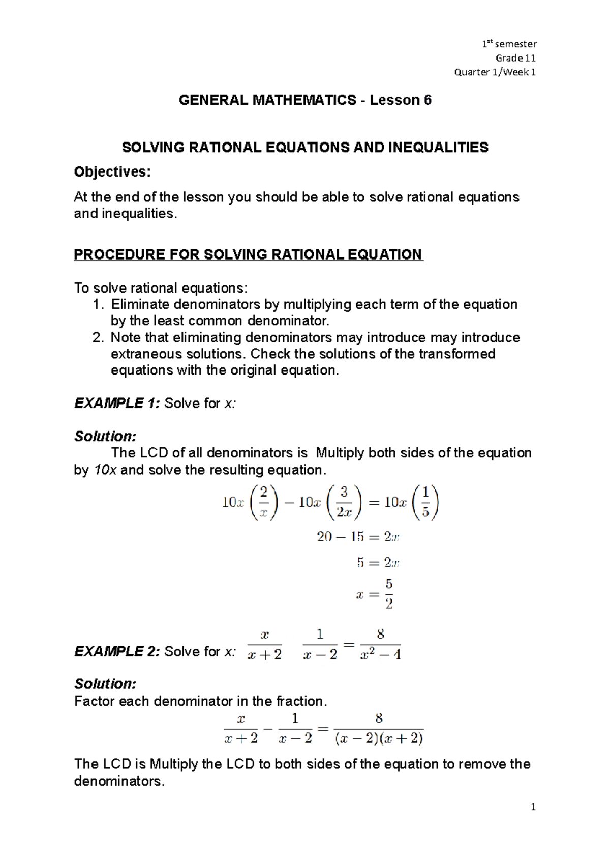 Gen Math Lesson 6 - Solving Rational Equations AND Inequalities - Grade ...