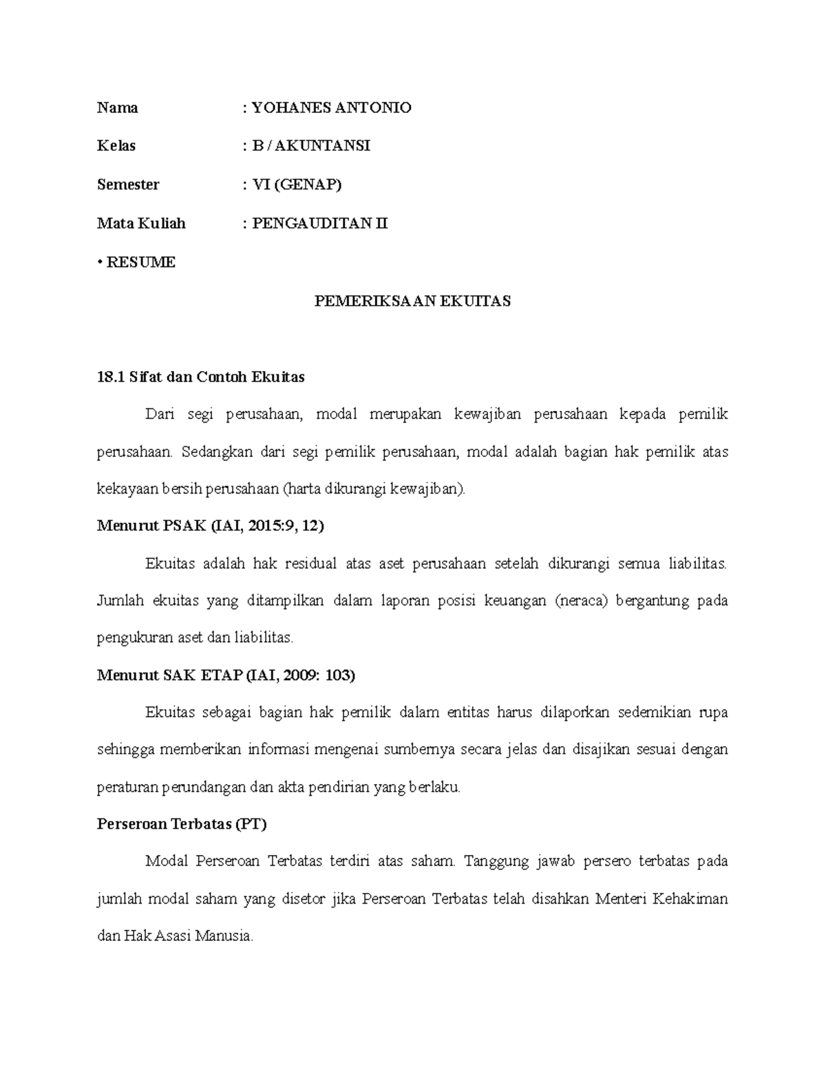 Resume Pengauditan II (Pemeriksaan Ekuitas) - Nama : YOHANES ANTONIO ...