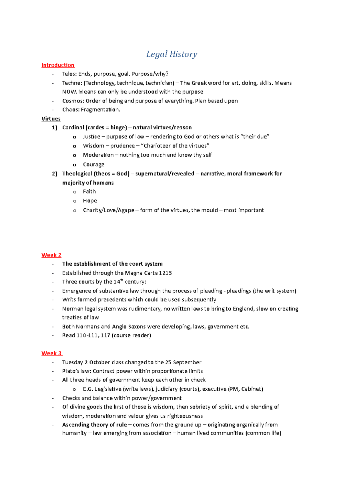 Legal History Notes - Legal History Introduction Telos: Ends, purpose ...