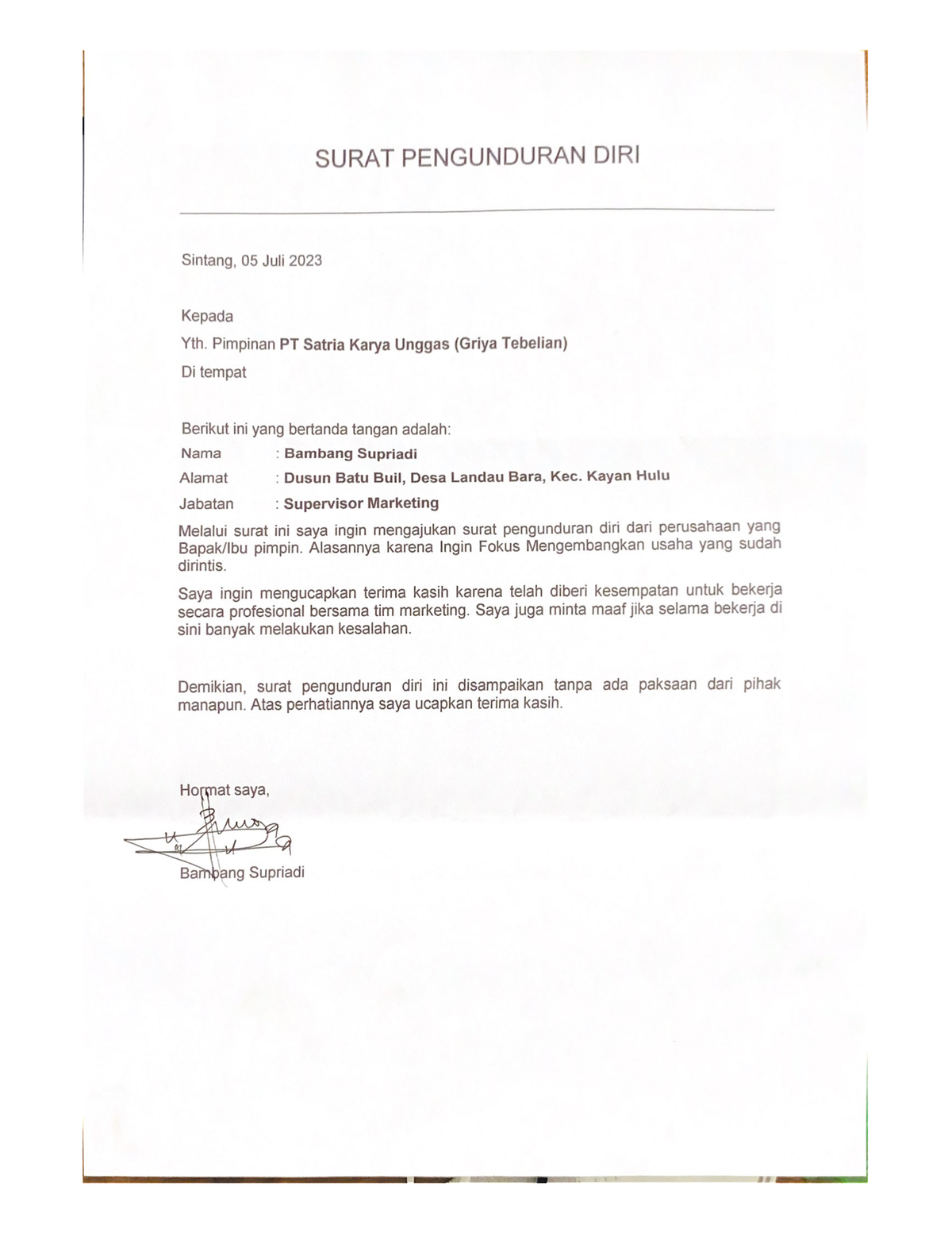 Surat Pengunduran DIRI - Psychology - Studocu