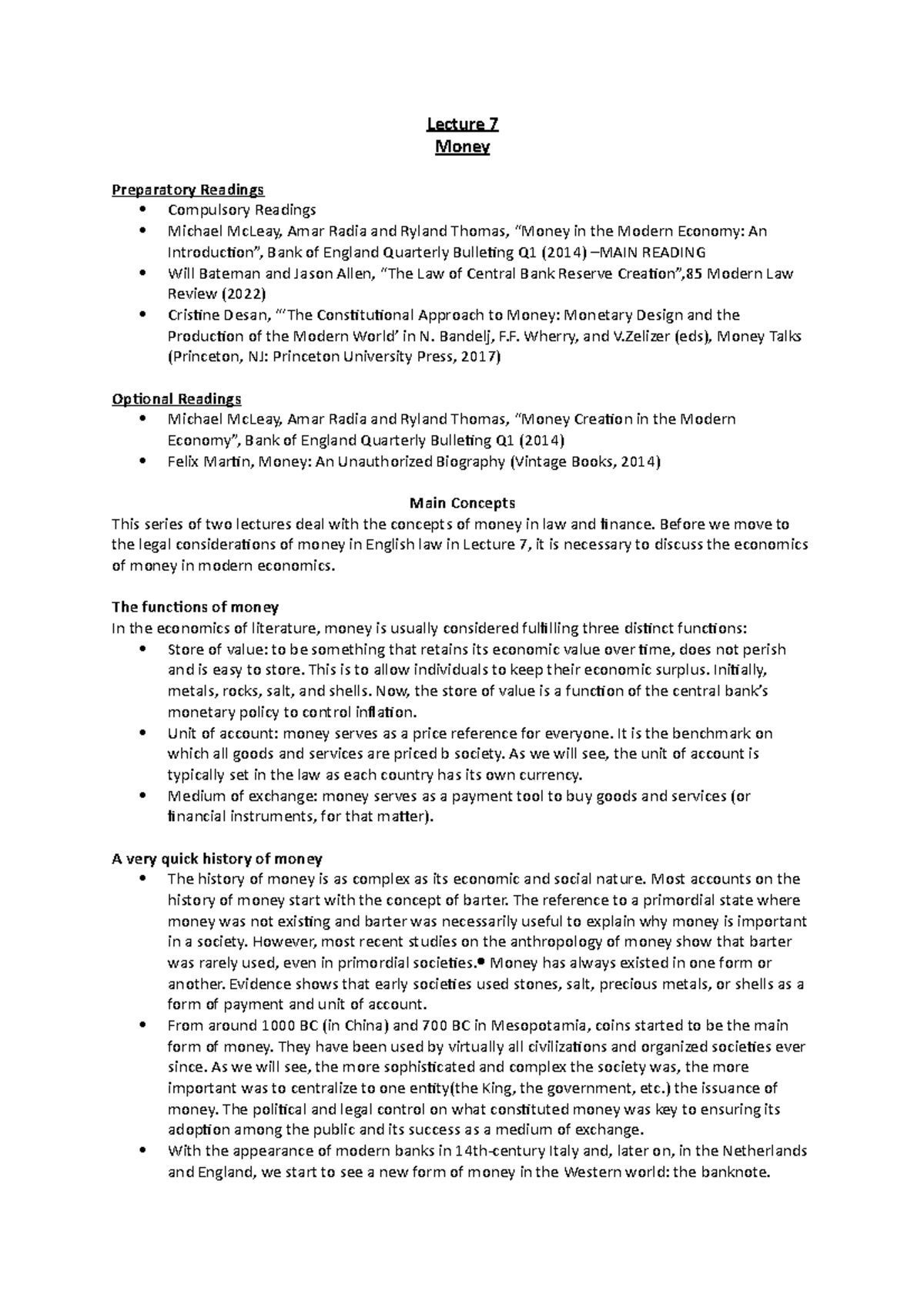 Lecture 7 handout - Lecture 7 Money Preparatory Readings Compulsory ...