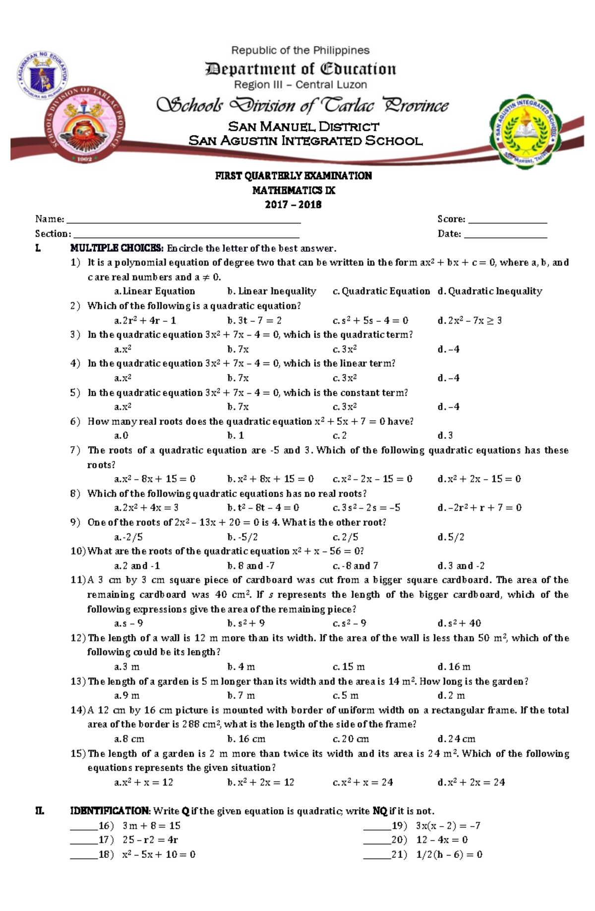 Scribd - FIRST QUARTERLY EXAMINATION MATHEMATICS IX 2017 – 2018 Name ...