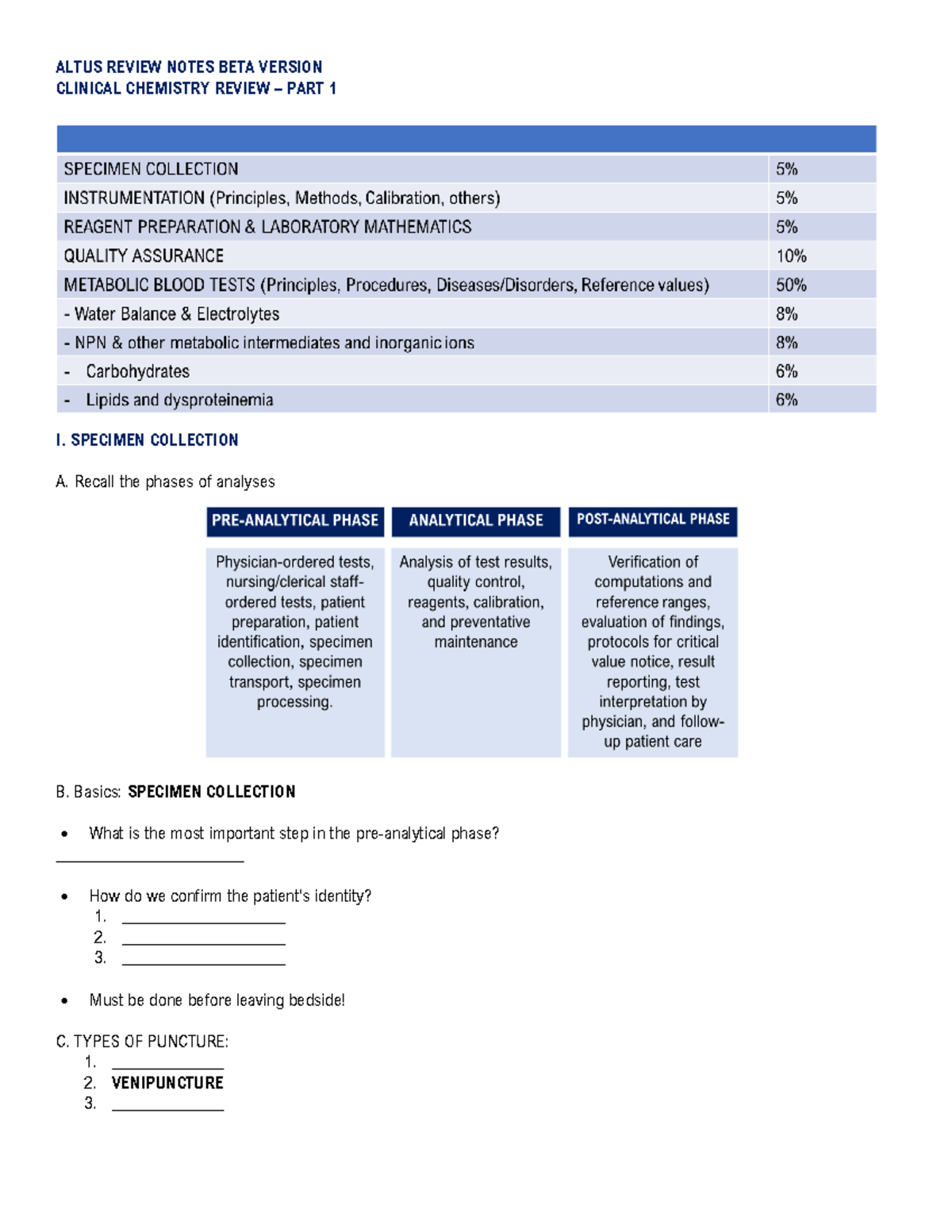 CLIN CHEM ALTUS REVIEW NOTES PART 1 ALTUS REVIEW NOTES BETA VERSION