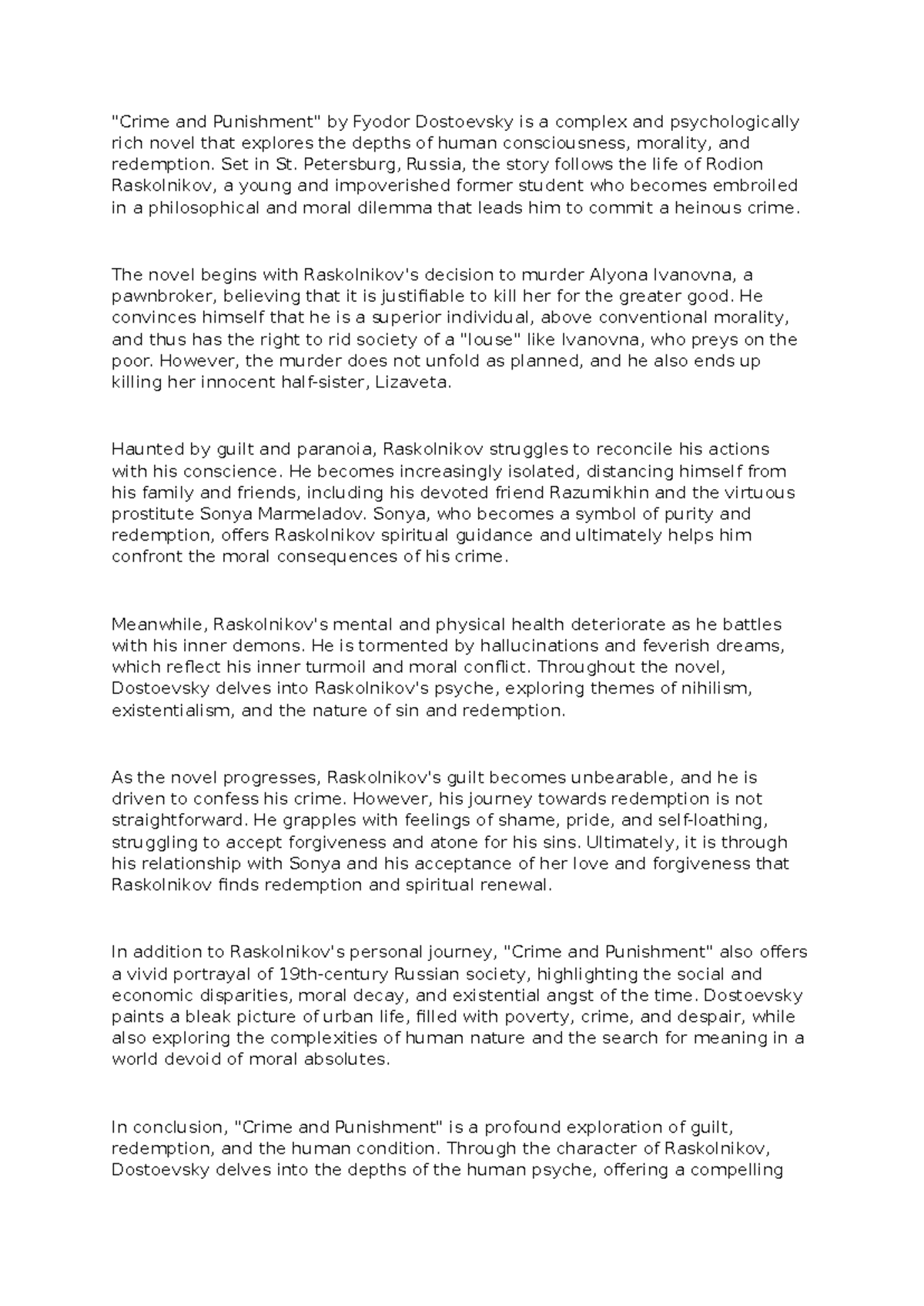 Crime and Punishment summary - "Crime and Punishment" by Fyodor ...