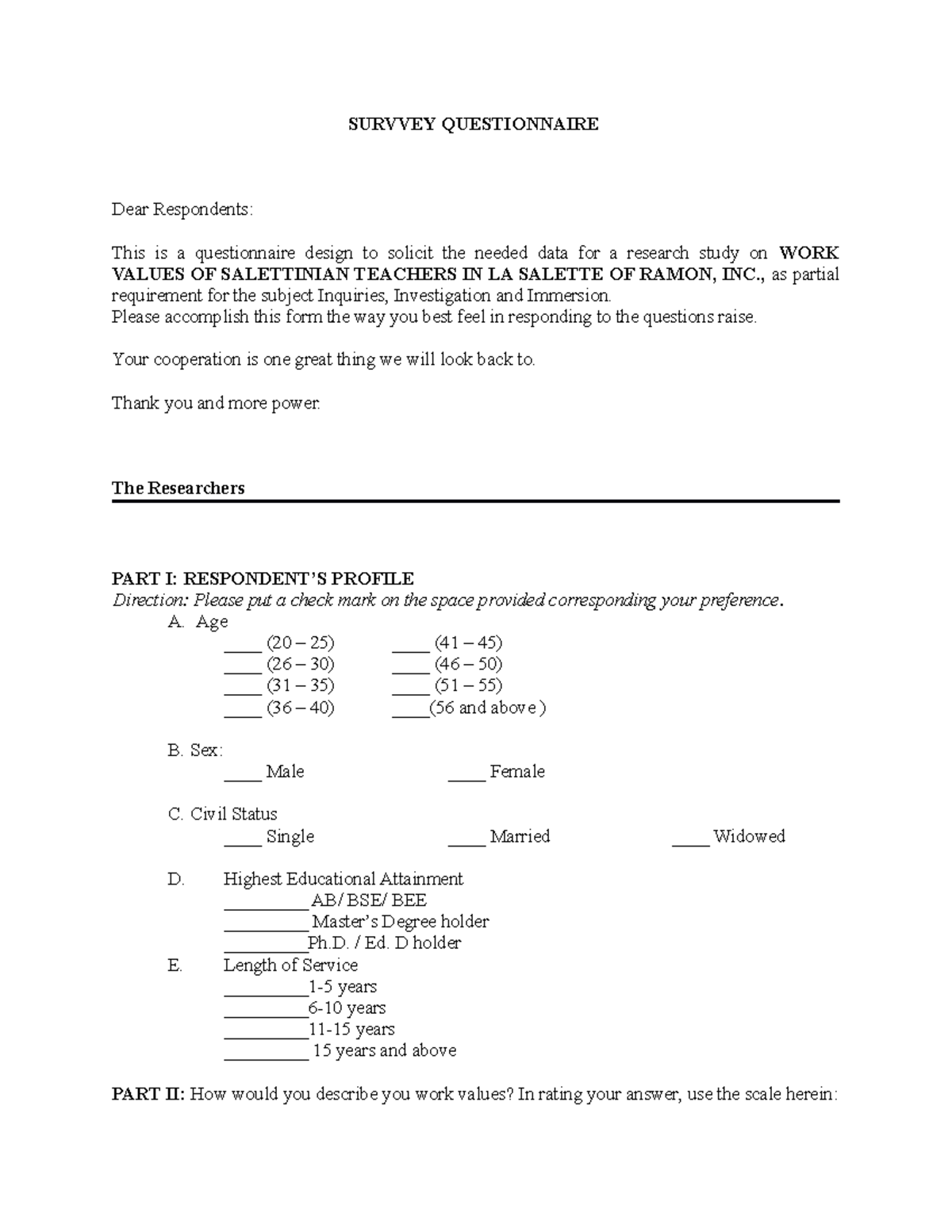 Survvey Questionnaire Final NA TO OHH OHH - SURVVEY QUESTIONNAIRE Dear ...