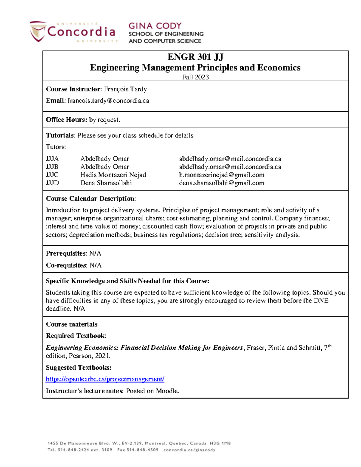 Engr301 Course Outline Engr 301 Jj Engineering Management Principles And Economics Fall 2023 Engr301 Course Outline Engr 301 Jj Engineering Management Principles And Economics Fall 2023