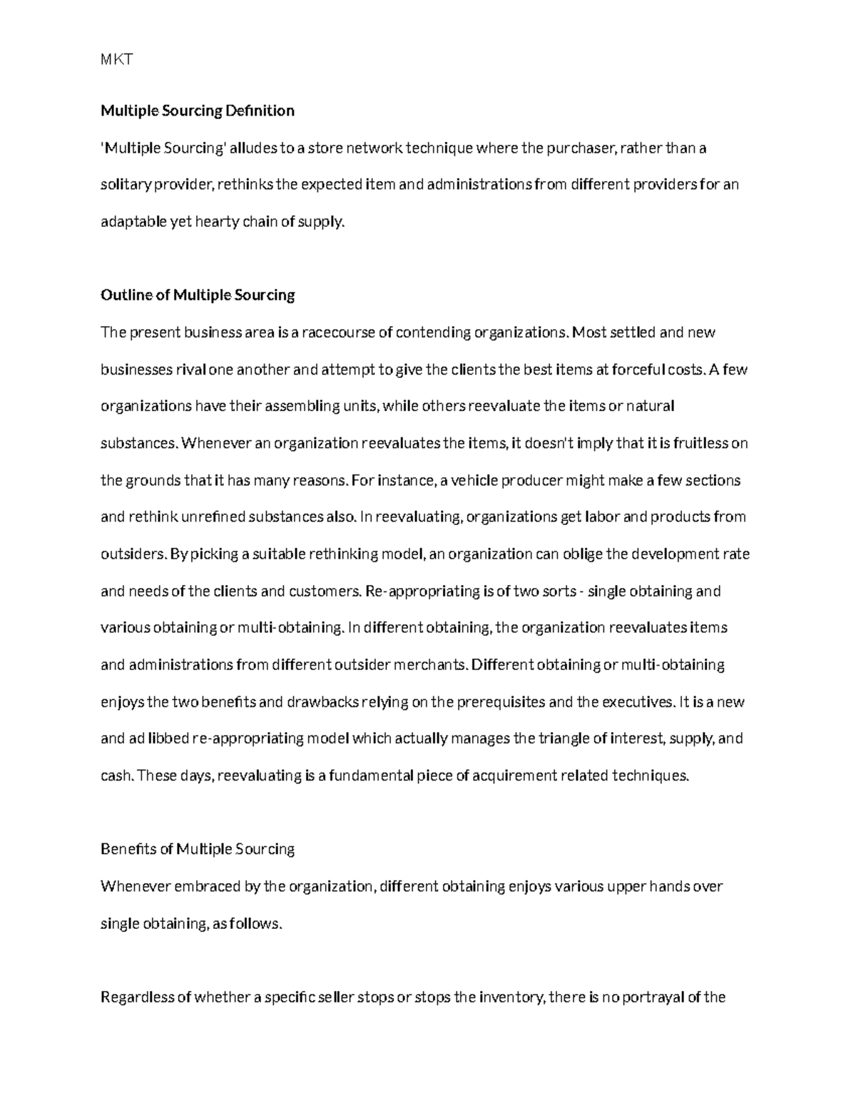 MKT Multiple Sourcing F 20 Prf S Notes Multiple Sourcing Definition Multiple Sourcing 