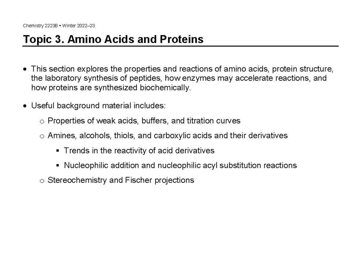 Topic 2 Amino Acids and proteins Chemistry 2223B Winter 2022 Topic
