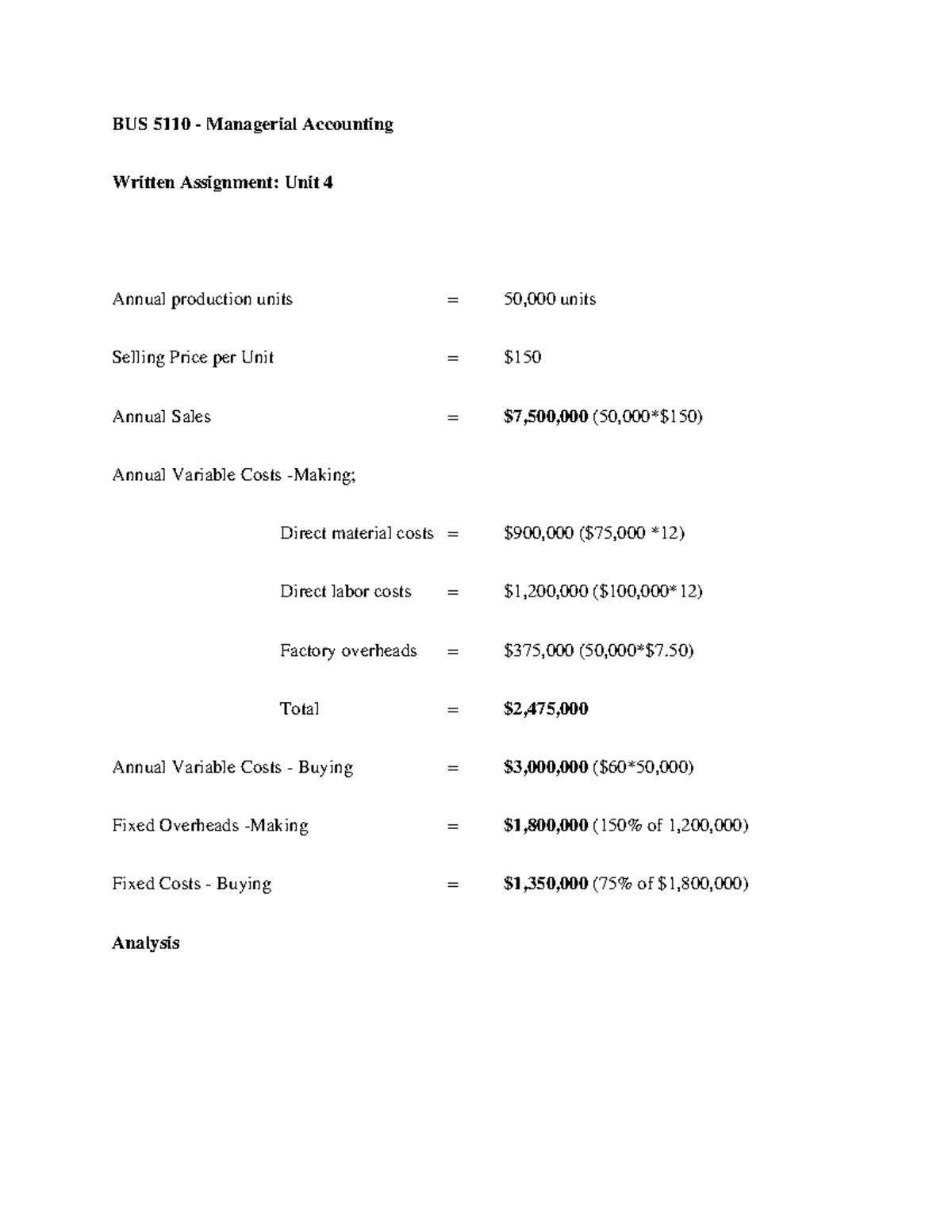 BUS 5110 - Managerial Accounting WA Unit 4 - BUS 5110 - Managerial ...