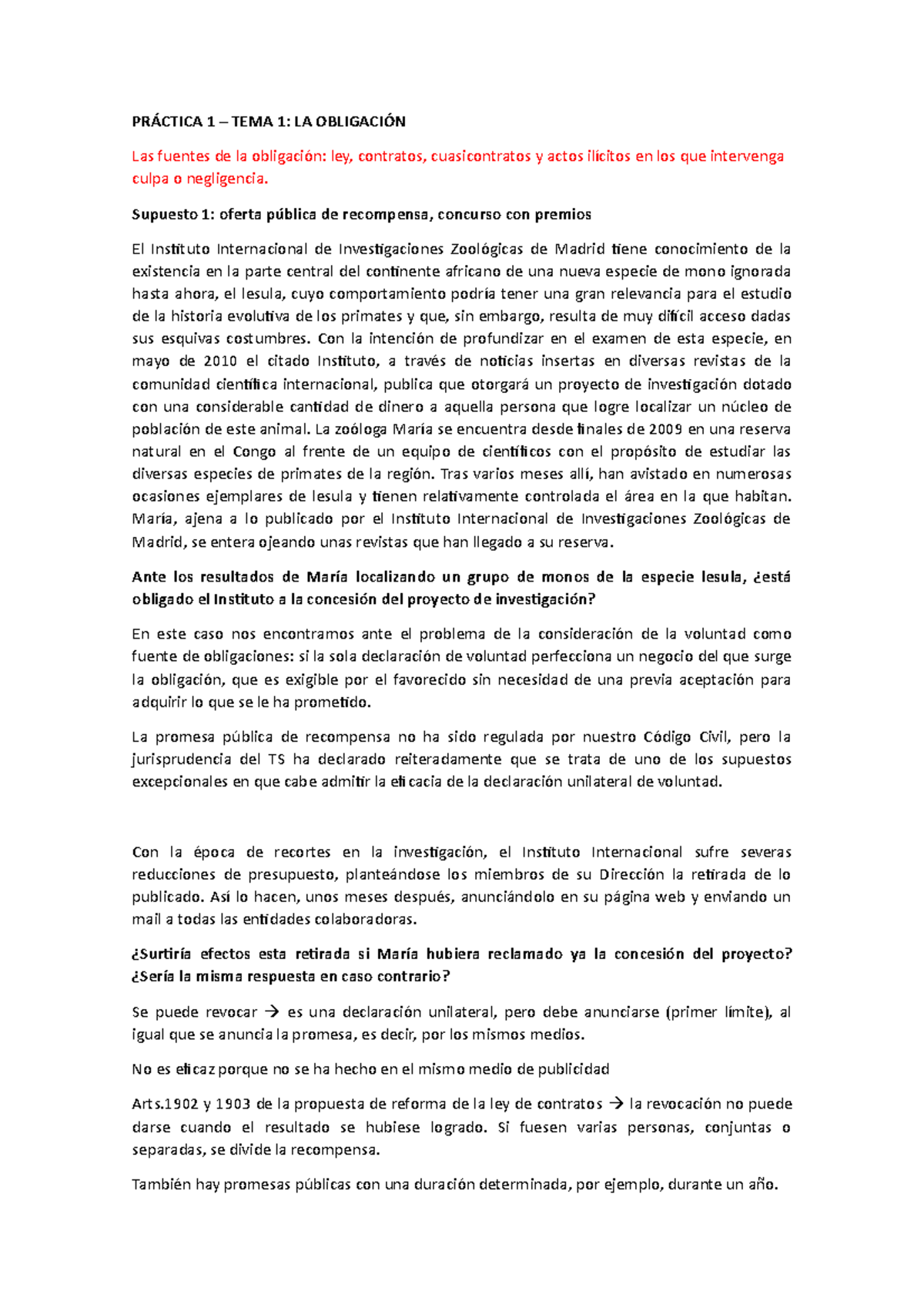 Prácticas - prácticas de clase - PRÁCTICA 1 – TEMA 1: LA OBLIGACIÓN Las ...