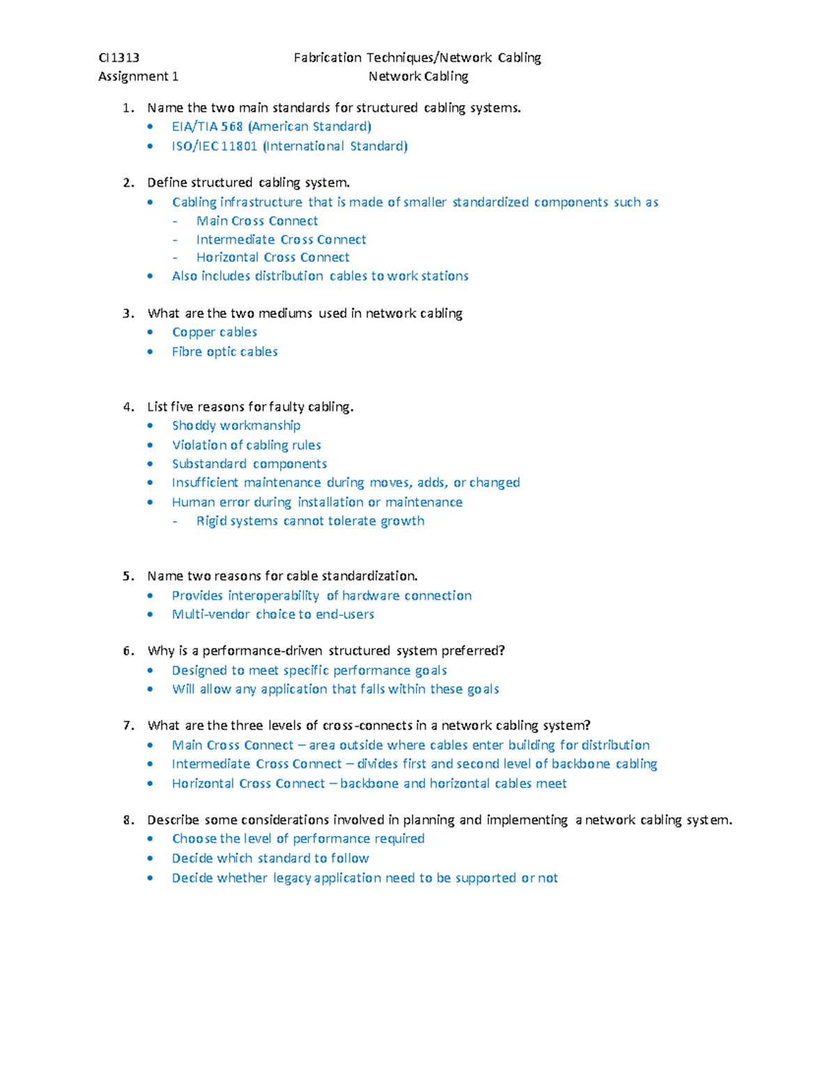 Assignment 1 Key - CI1313 Fabrication Techniques/Network Cabling ...