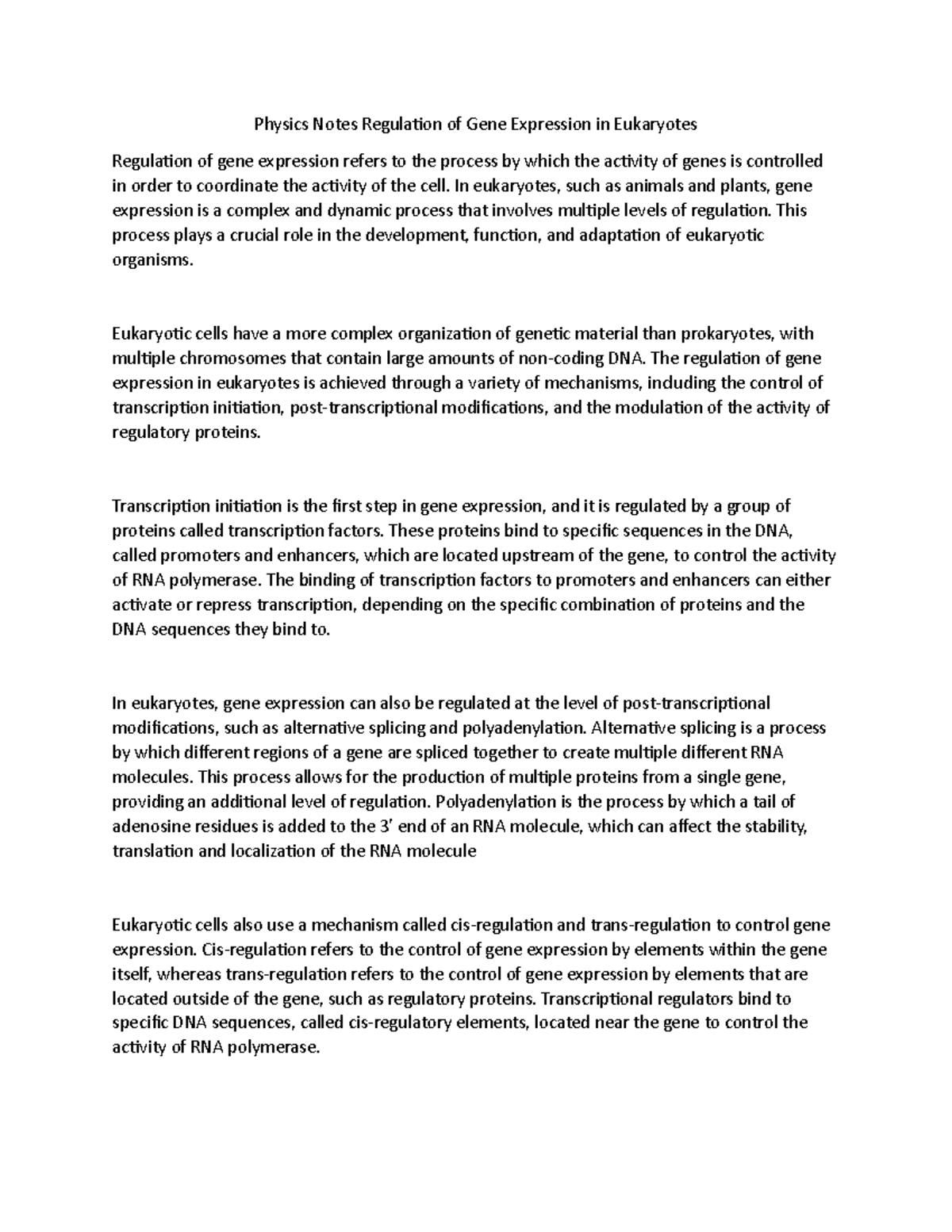 Physics Notes Regulation of Gene Expression in Eukaryotes - In ...