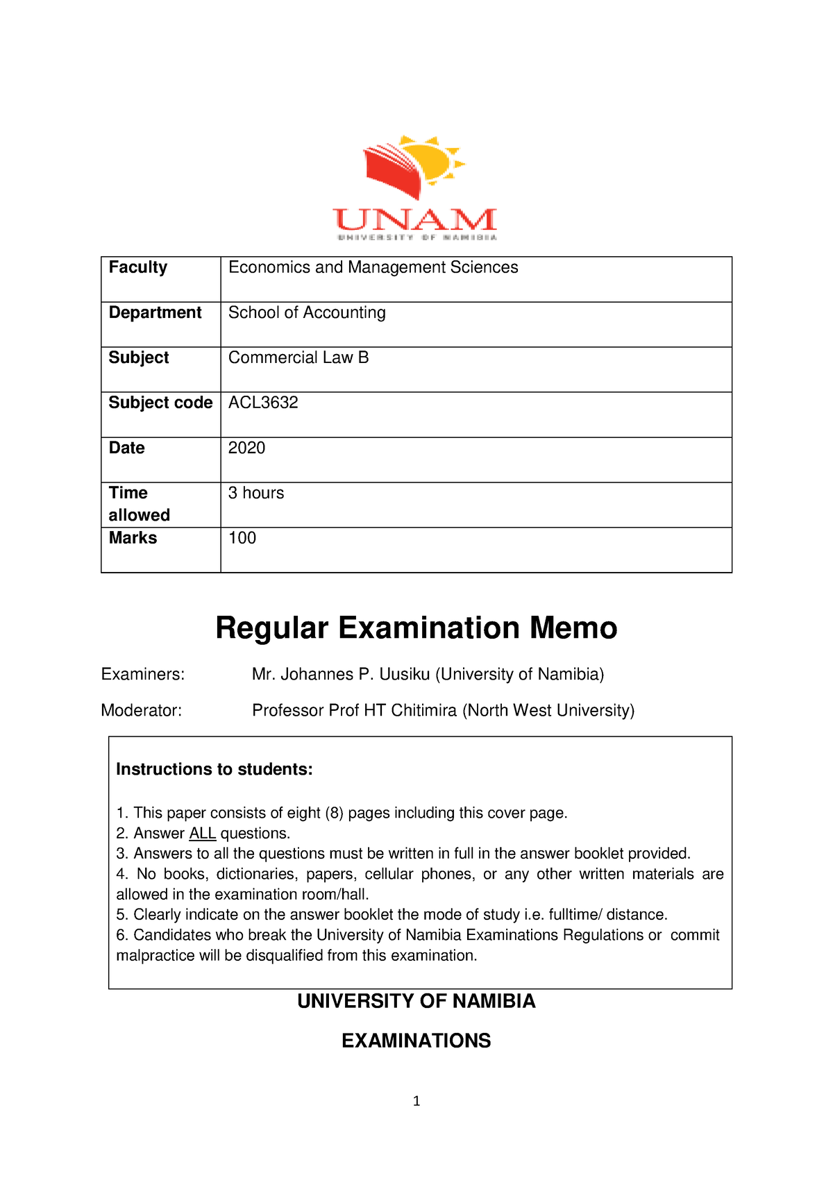 Commercial Law B EXAM QUESTION 2020 - Faculty Economics And Management ...