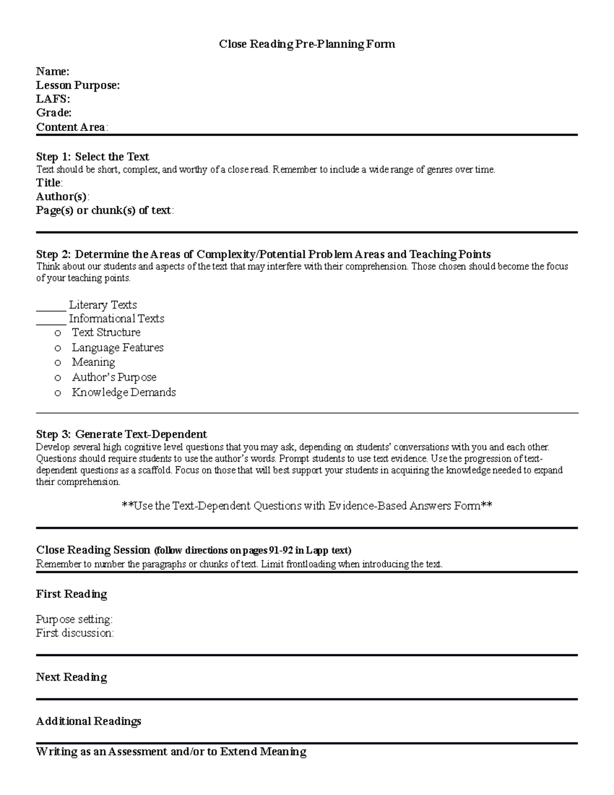 Close Reading Pre-Planning form for lesson plan - Close Reading Pre ...