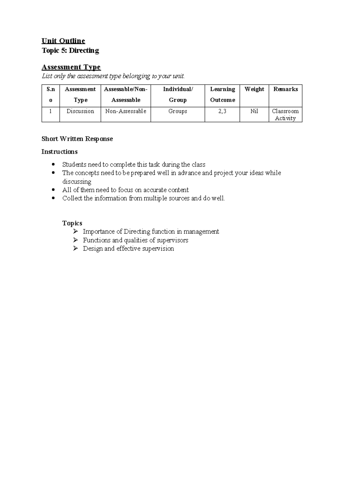 Topic 5 - EXAM QUESTIONS AND ANSWERS - Unit Outline Topic 5: Directing ...