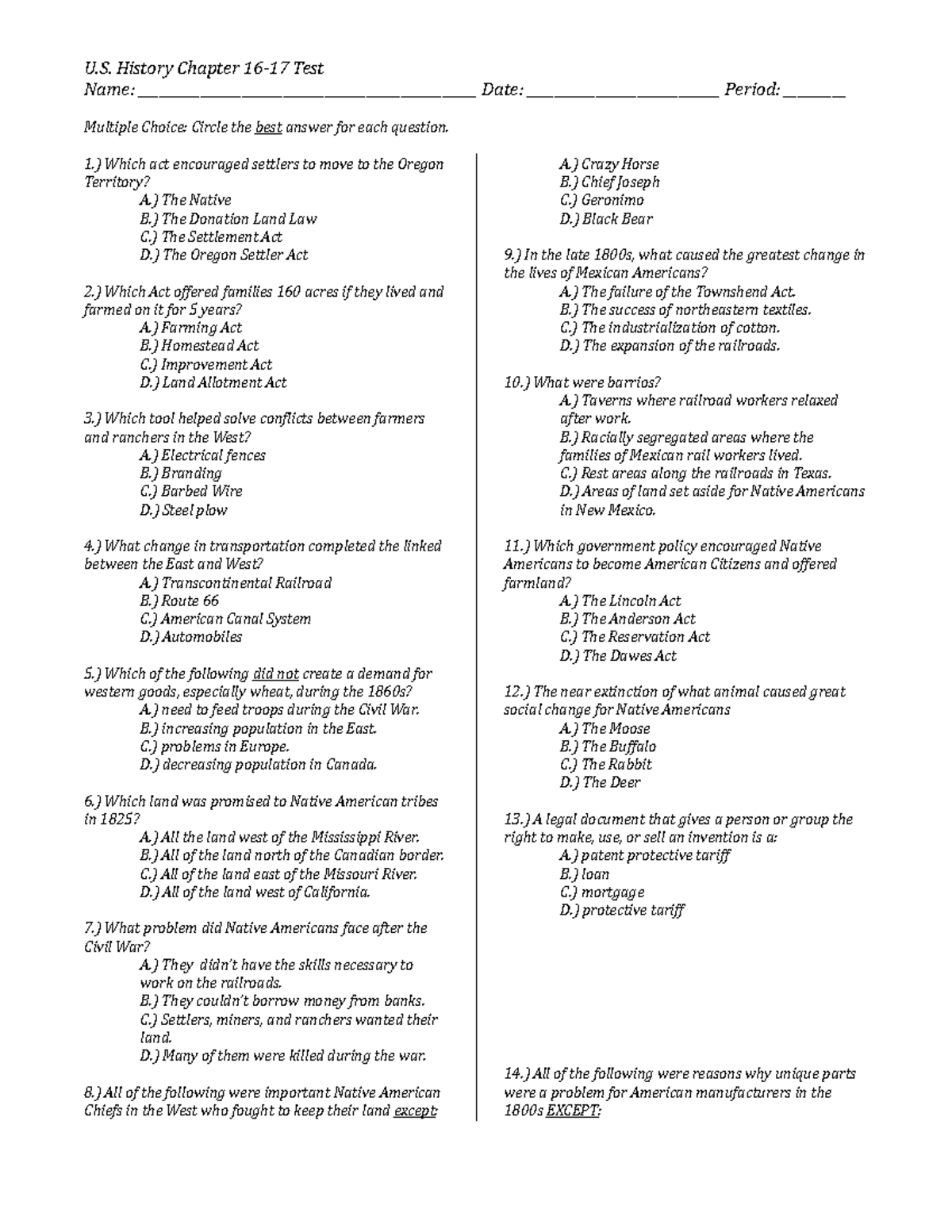 Map Test Revised - U. History Chapter 16-17 Test Name: - Studocu