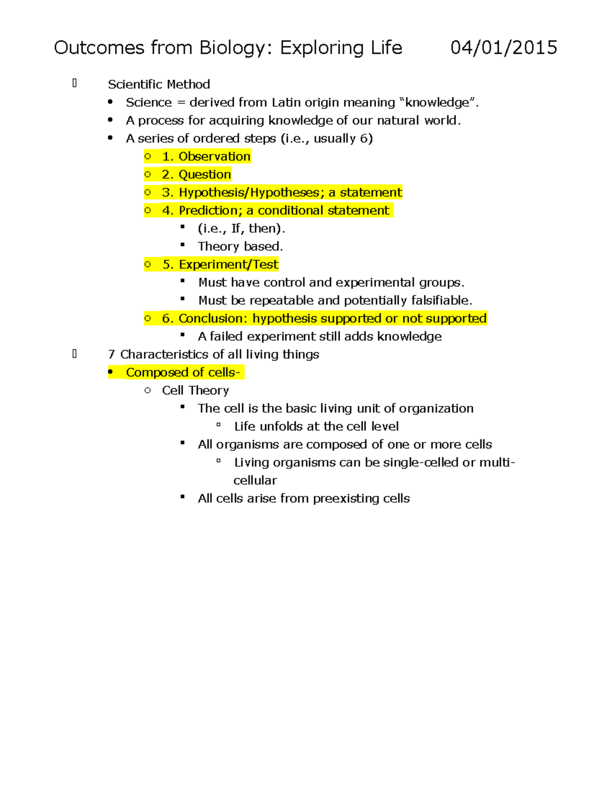 Biology 1406 Lecture - Outcomes From Biology: Exploring Life 04/01 ...