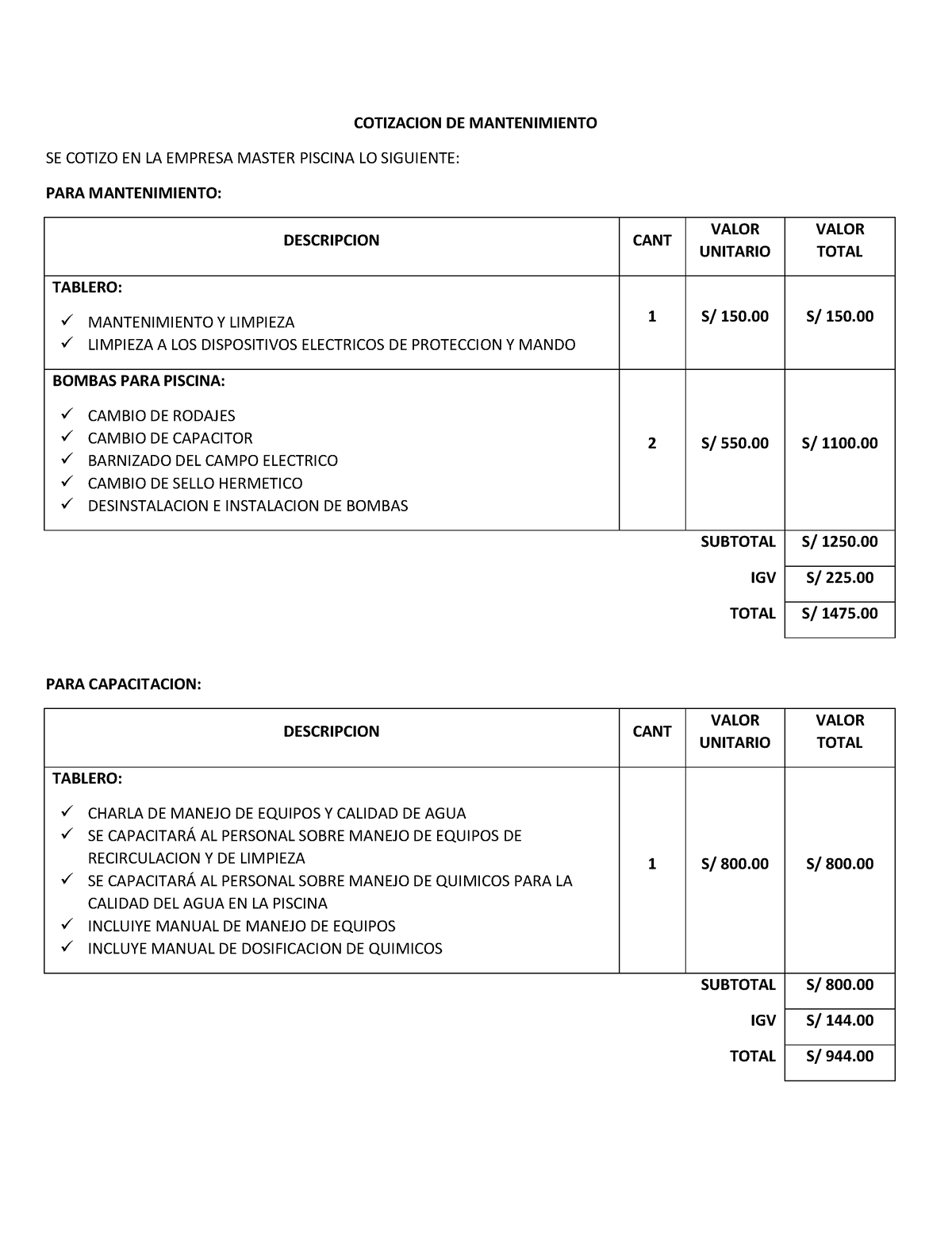 Cotizacion De Mantenimiento Piscina Cotizacion De Mantenimiento Se Cotizo En La Empresa Master 3107