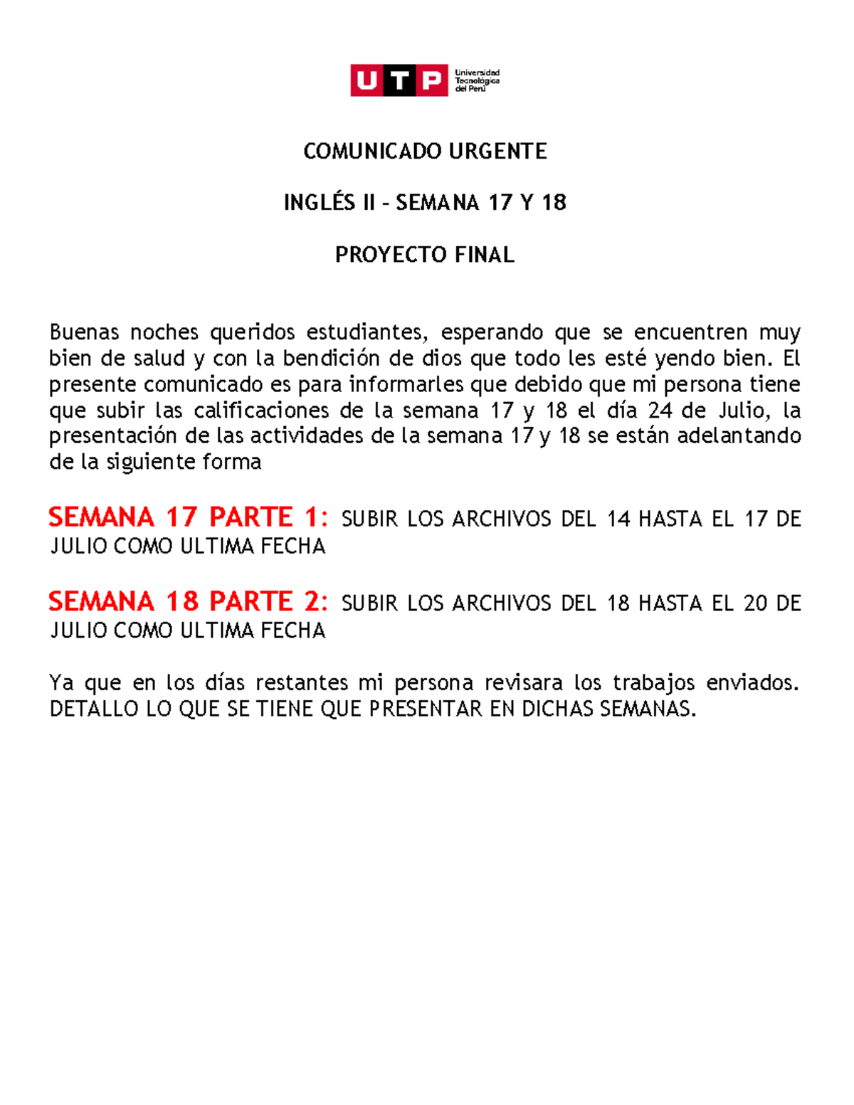 Ingles II Comunicado Urgente-1 - COMUNICADO URGENTE INGL.. II – SEMANA ...