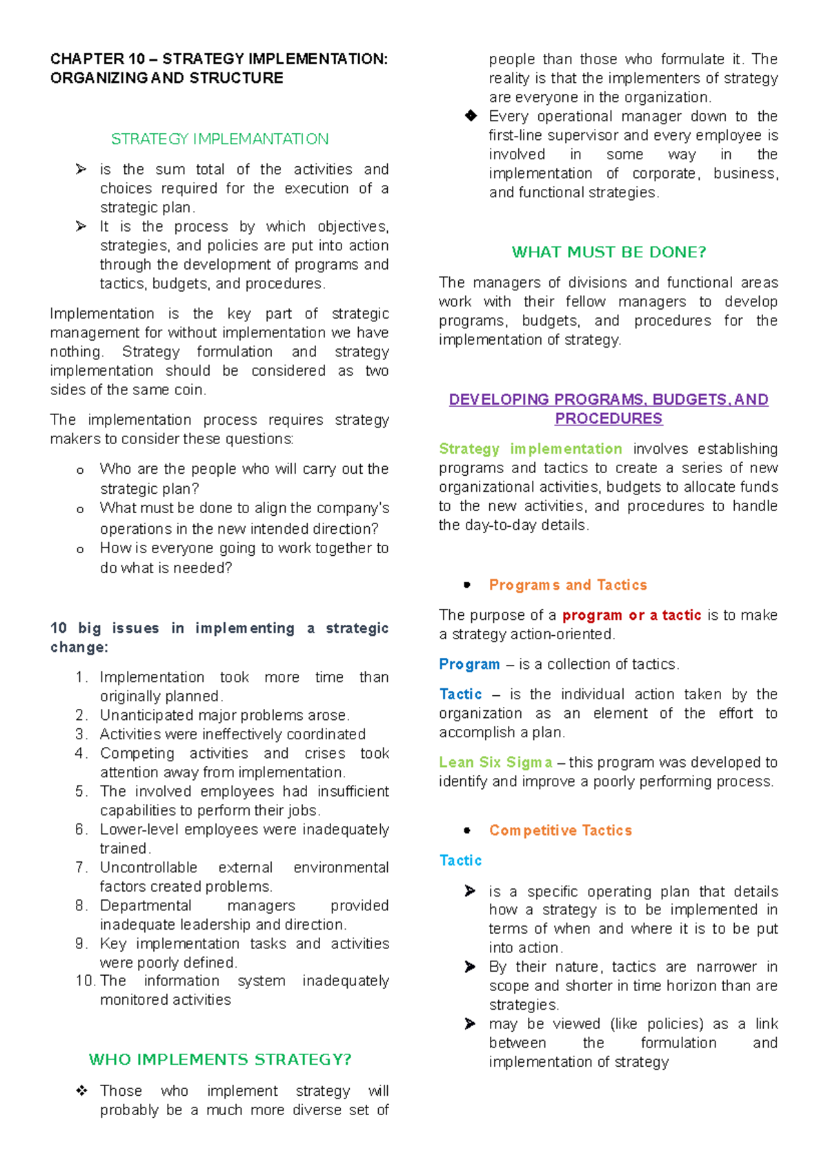 Cbmec 2 ( Chapter 10 Reviewer) - CHAPTER 10 – STRATEGY IMPLEMENTATION ...