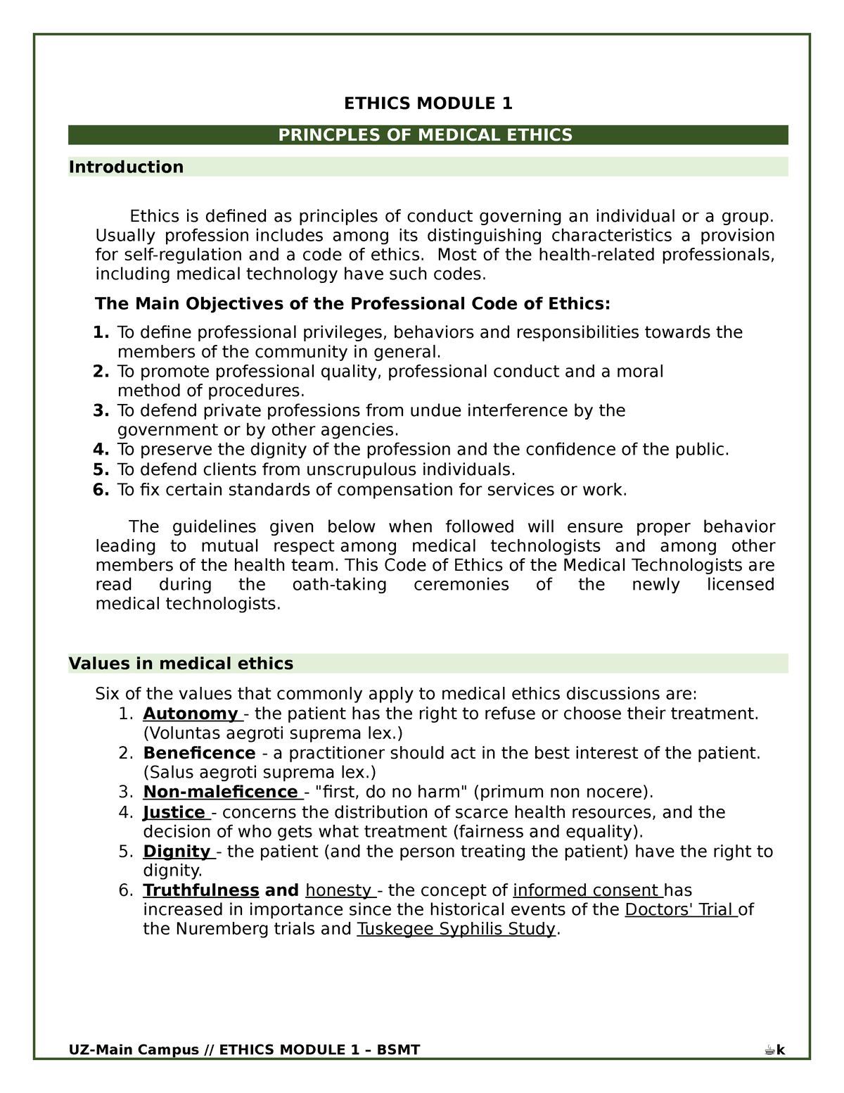 Ethics Module 1 (BSMLS) - ETHICS MODULE 1 PRINCPLES OF MEDICAL ETHICS ...