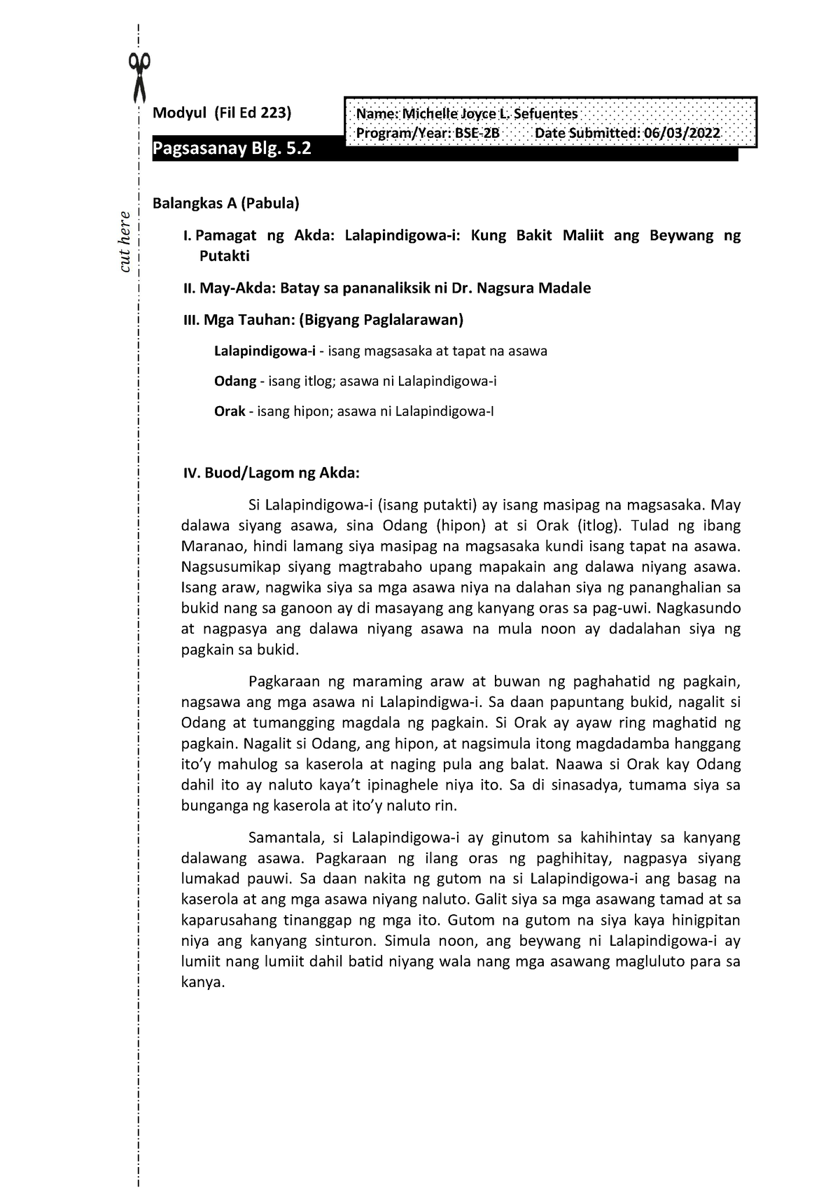 Filed 223 Sefuentes Pagsusuri Modyul Fil Ed 223 Pagsasanay Blg 5 Balangkas A Pabula I 2180