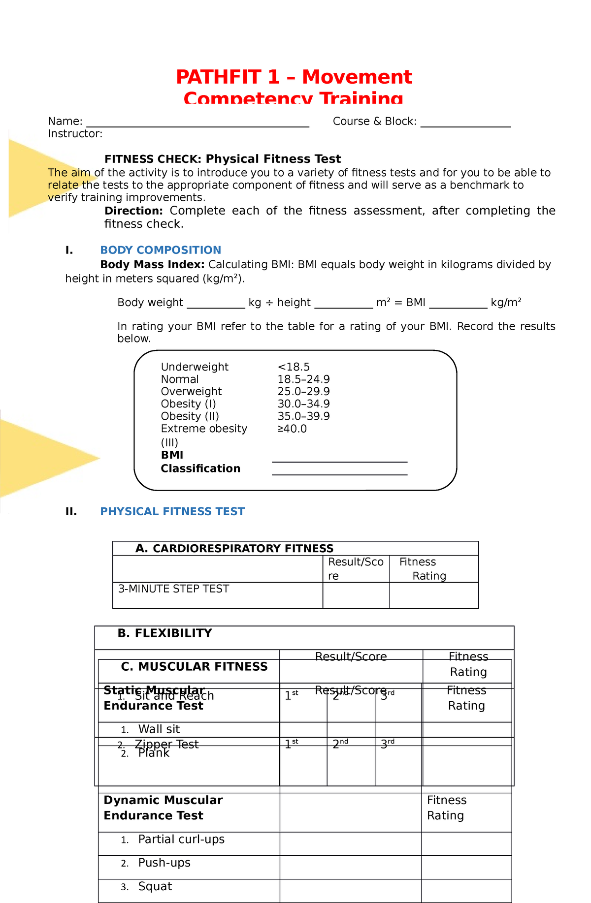 Pathfit 1- Physical Fitness TEST Checker - Name