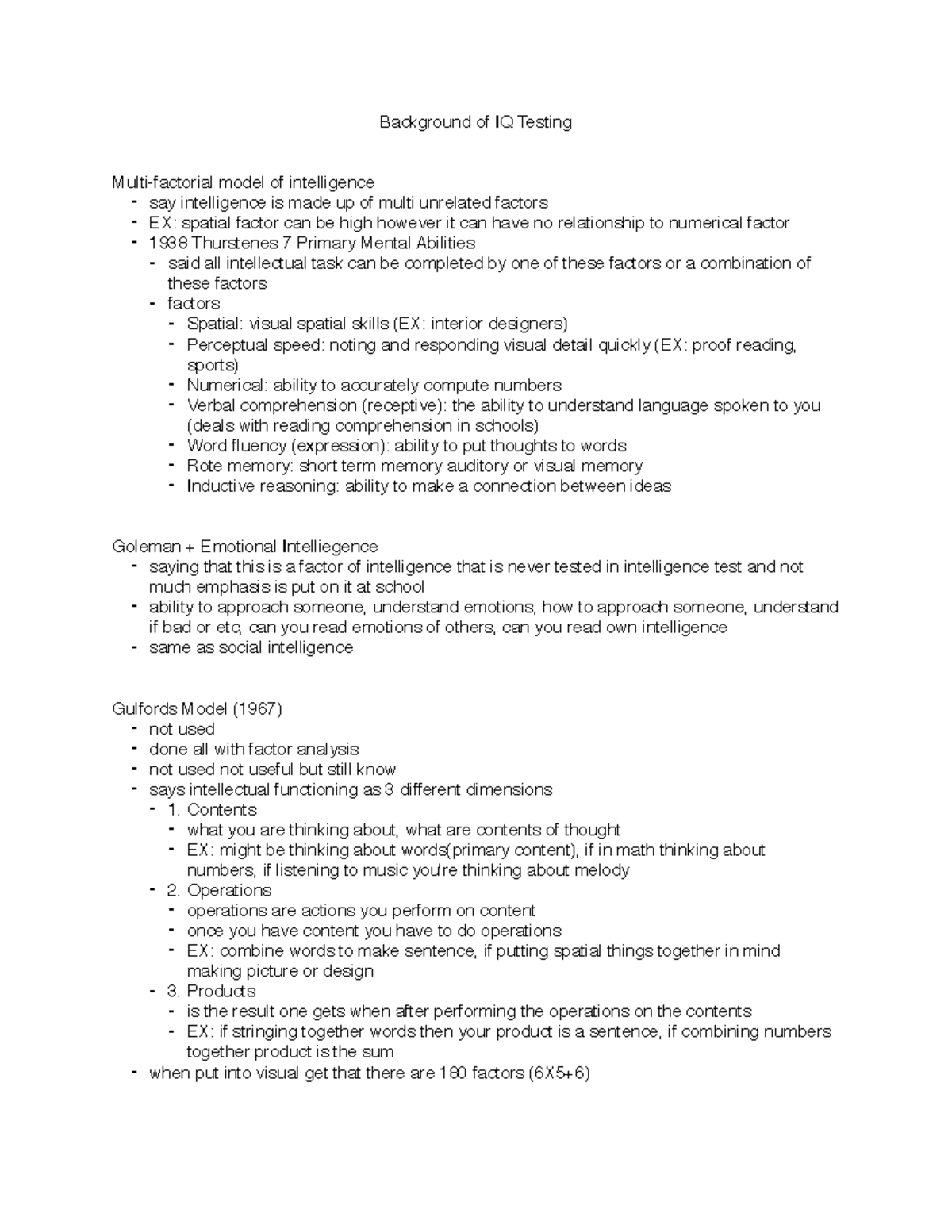 Lecture 8 Notes - Background of IQ Testing Multi-factorial model of ...