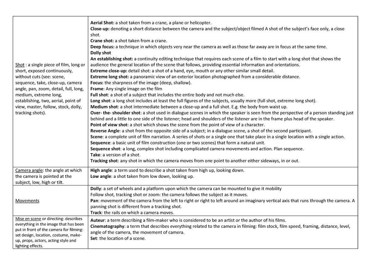 Technical Terms Analyse Filmique Upem Studocu