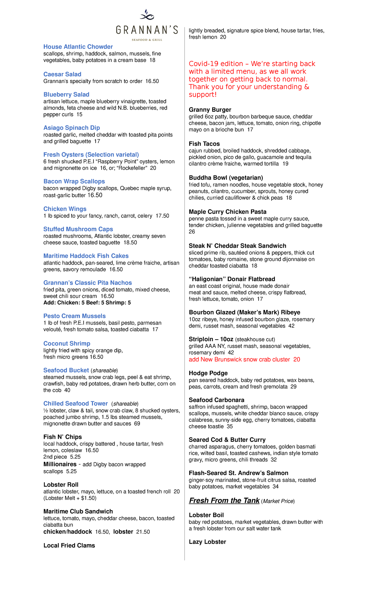 Grannan's Covid 2020 June 18th - House Atlantic Chowder scallops ...