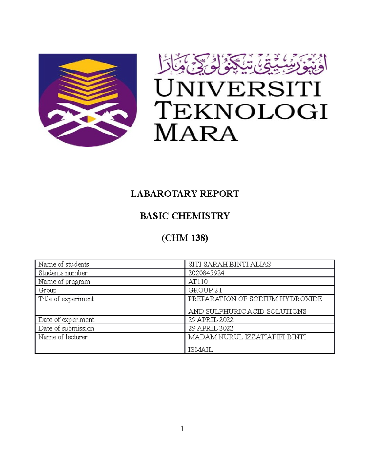 CHM138 LAB 4 - Lab Report - LABAROTARY REPORT BASIC CHEMISTRY (CHM 138 ...