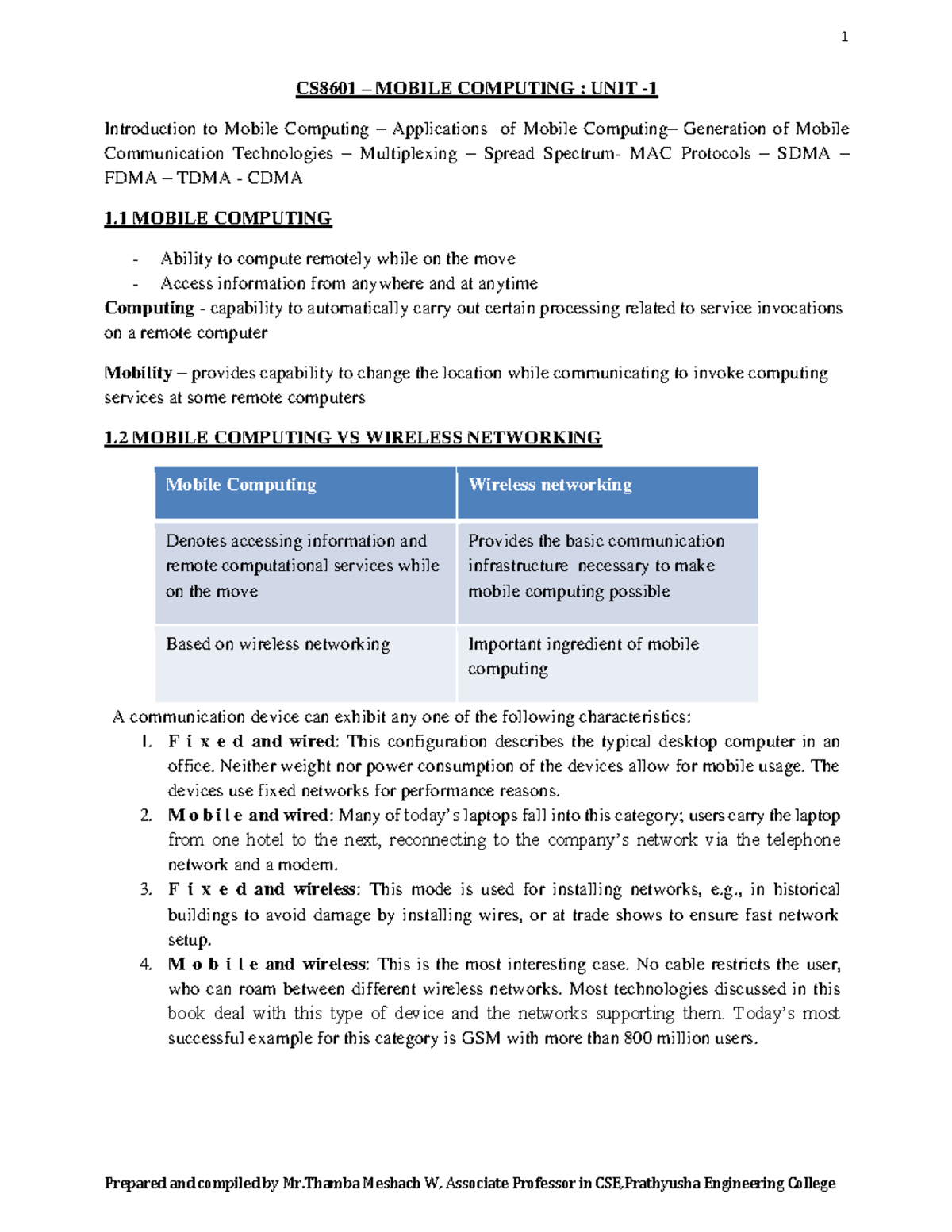 MC notes - CS8601 – MOBILE COMPUTING : UNIT - Introduction to Mobile ...