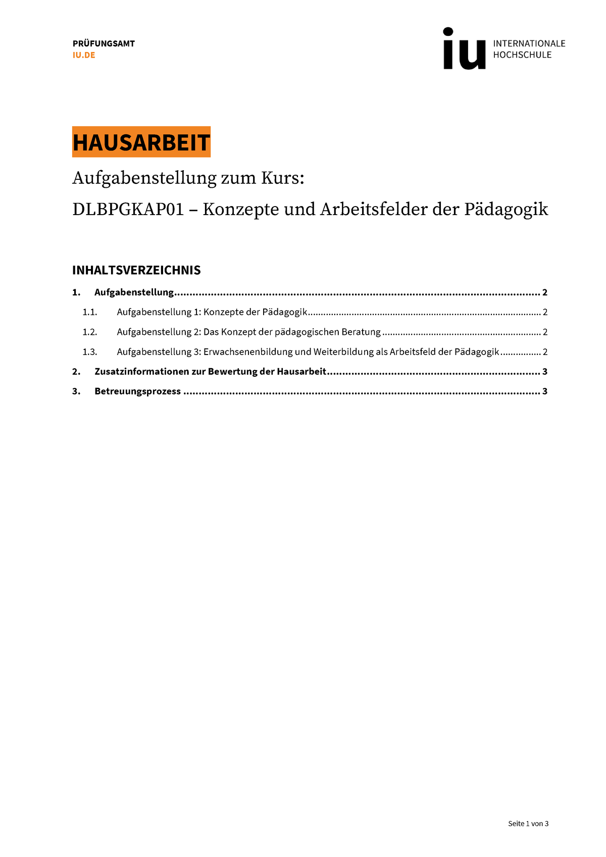 Aufgabenstellung Hausarbeit Dlbpgkap 01 - Seite 1 Von 3 PR‹FUNGSAMT IU ...