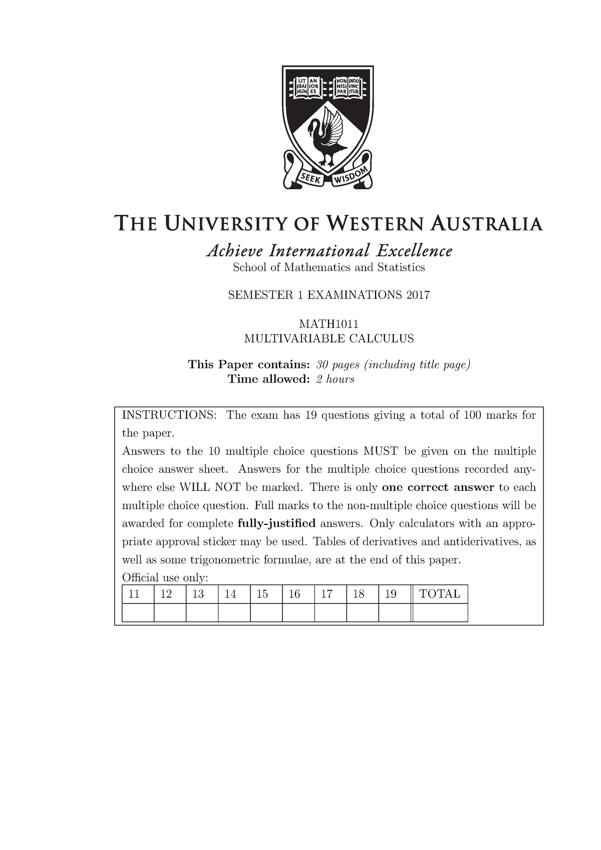 MATH1011 Final Exam 2017 - School Of Mathematics And Statistics ...