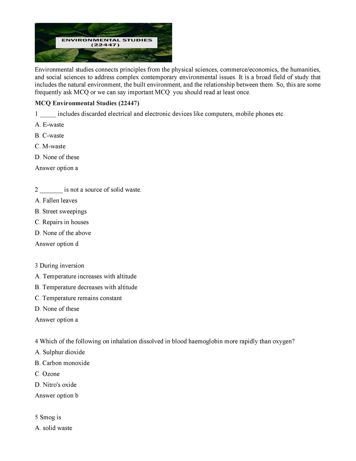 MCQ - Environmental Studies - Environmental Studies Connects Principles ...