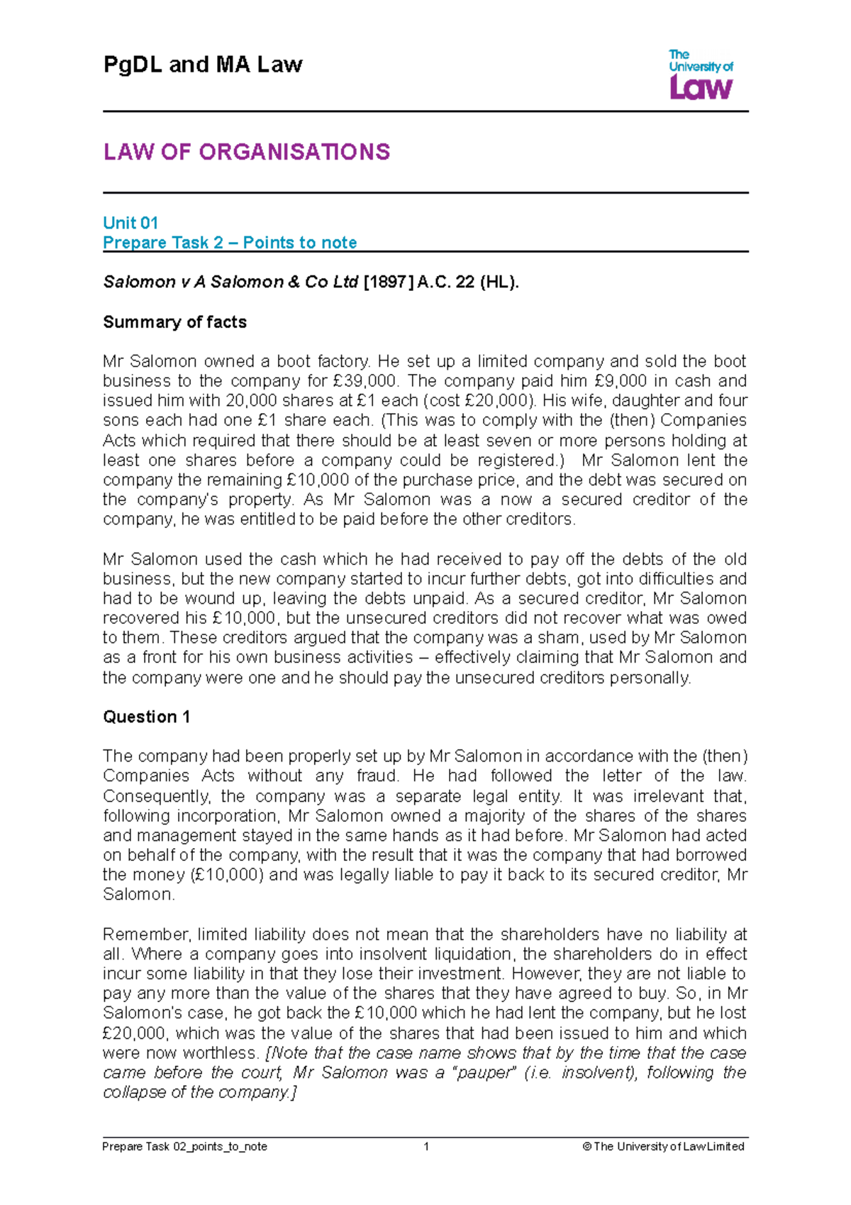 Salomon v A Salomon Summary PgDL and MA Law LAW OF ORGANISATIONS Unit 01 Prepare Task 2