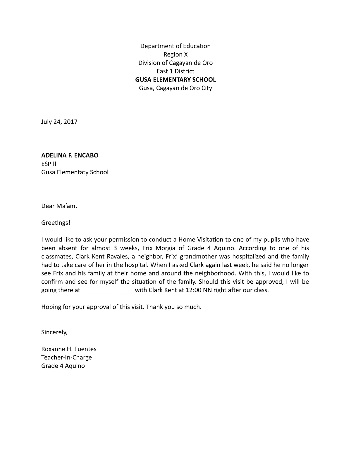 Home Visitation Letter to Principal - Department of Education Region X ...
