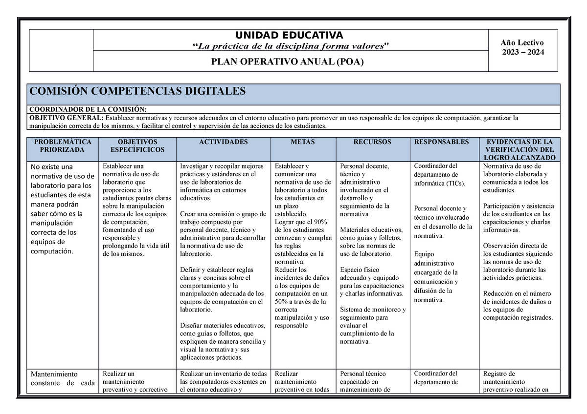 Plan Operativo Anual Poa 2023 2024 Computacion “la Práctica De La Disciplina Forma Valores