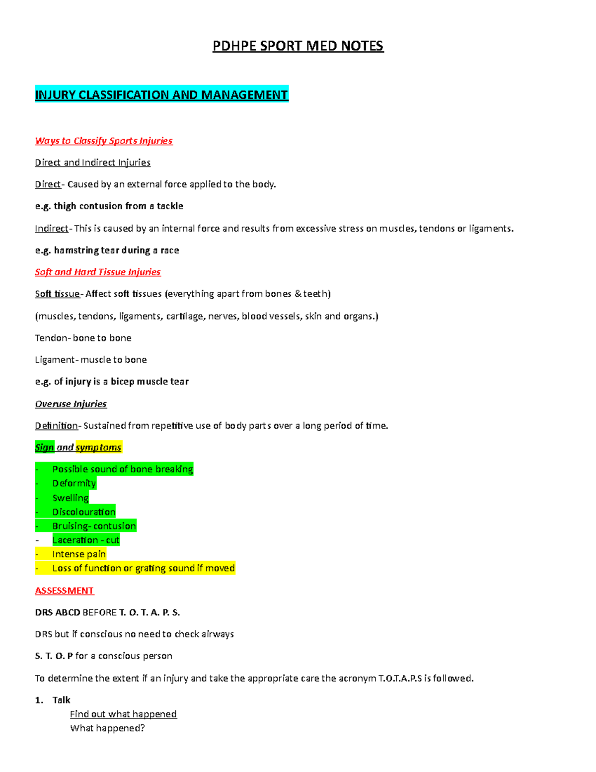 Pdhpe TASK 1 Notes - PDHPE SPORT MED NOTES INJURY CLASSIFICATION AND ...