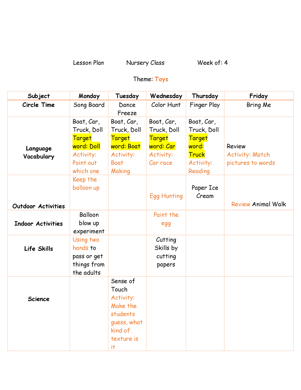 Week 4 - Lesson Plan - Lesson Plan Nursery Class Week Of: 4 Theme: Toys ...