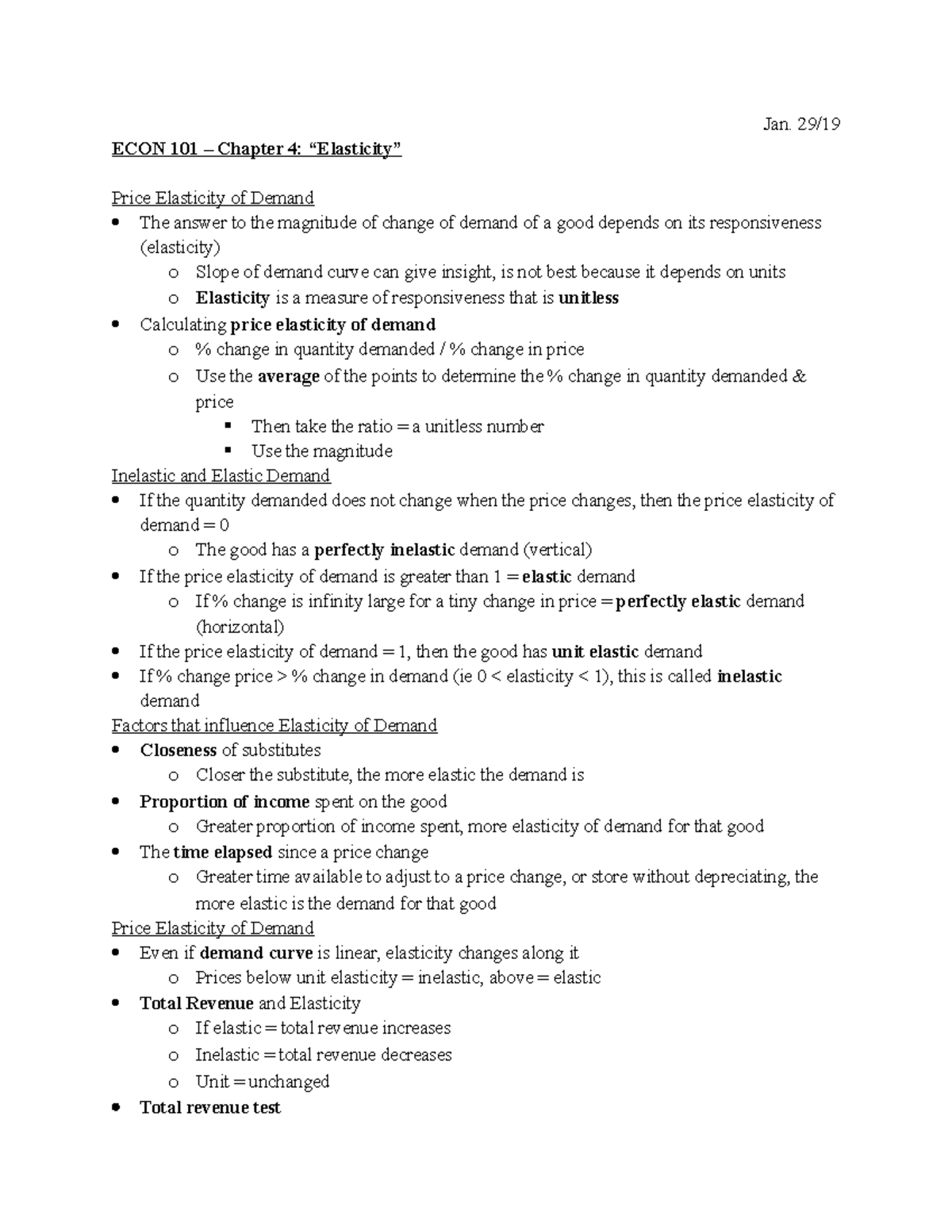 ECON 101 - Midterm 2 Notes - Jan. 29/ ECON 101 – Chapter 4: “Elasticity ...