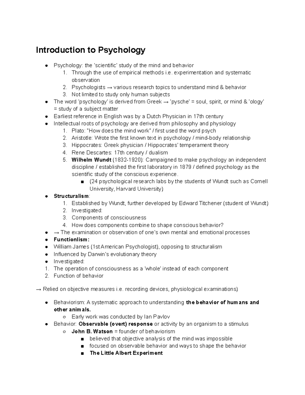 Psychology Chapter 1 Notes - Introduction To Psychology Psychology: The ...