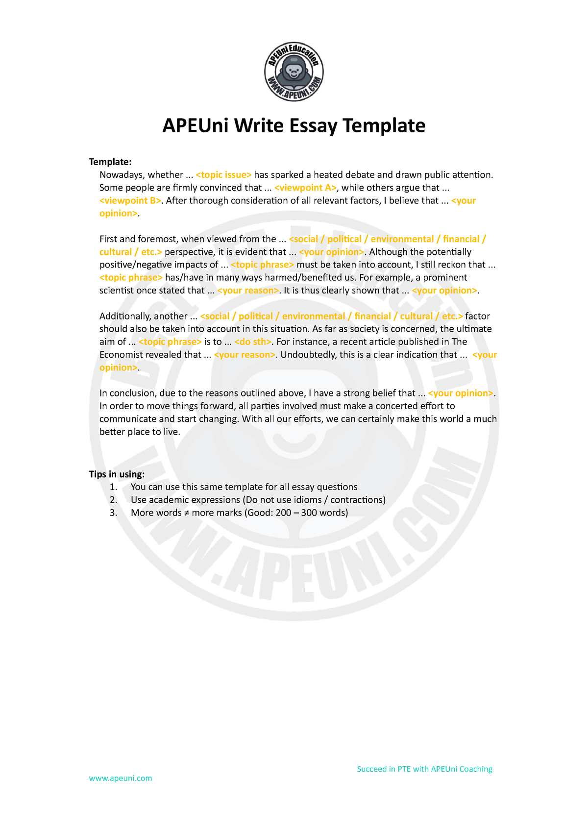 APEUni Write Essay Template - Succeed in PTE with APEUni Coaching ...