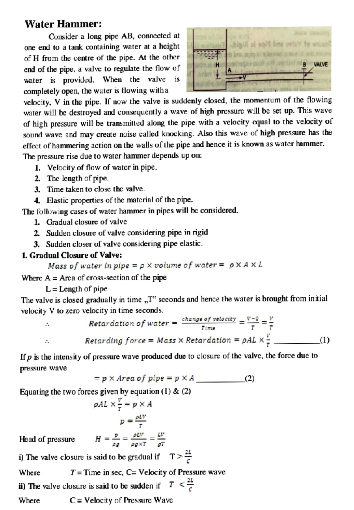 Water Hammer - ####### Water Hammer: Consider a long pipe AB, connected ...