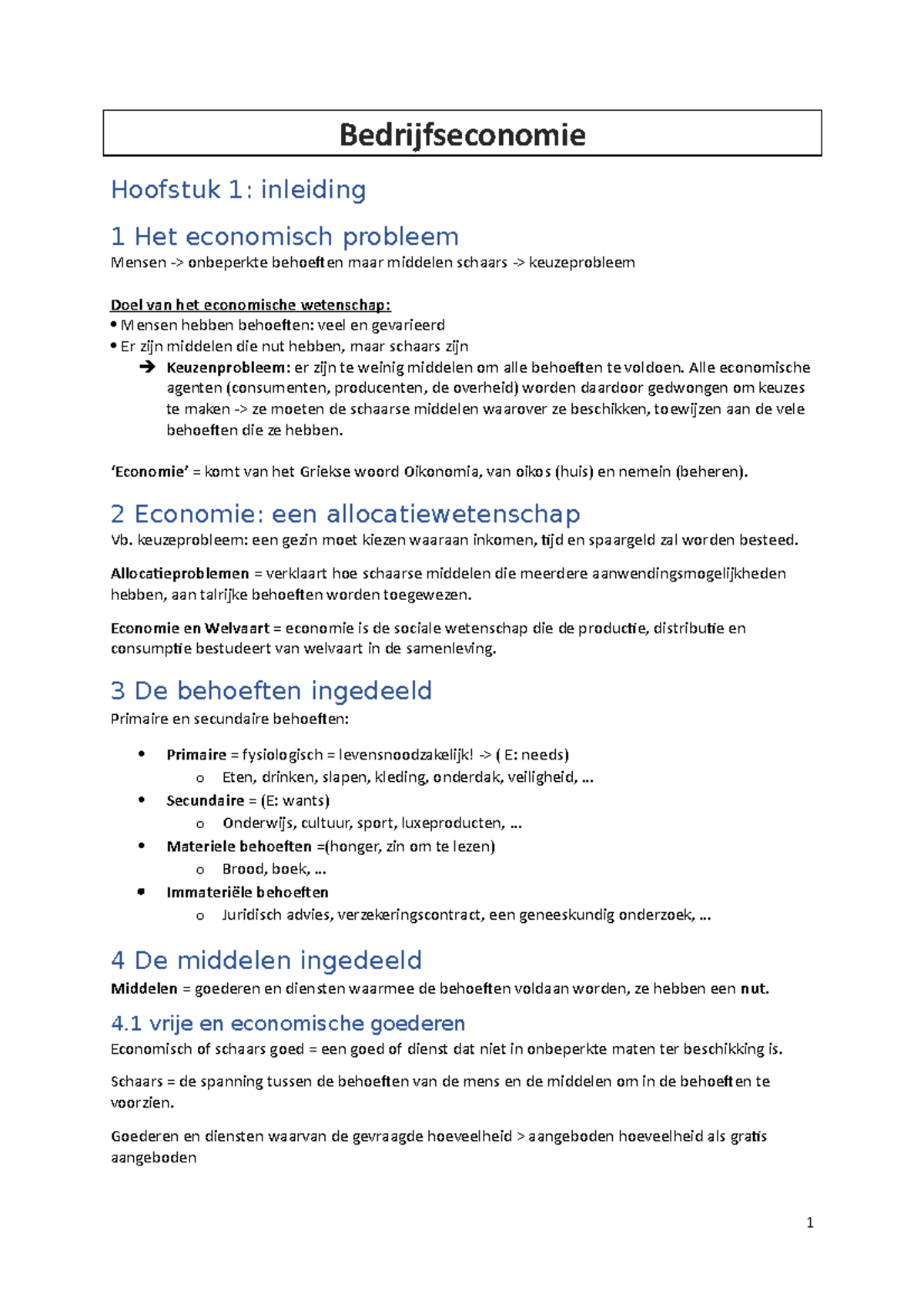 Bedrijfseconomie Hoofdstuk 1 Periode 1 Karel De Grote Hogeschool ...