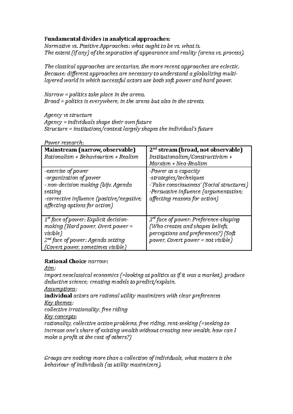 Analytical aproaches summary Fundamental divides in analytical