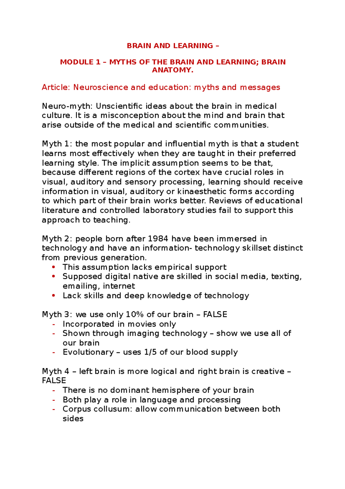 Brain AND Learning Notes BRAIN AND LEARNING MODULE 1 MYTHS OF THE