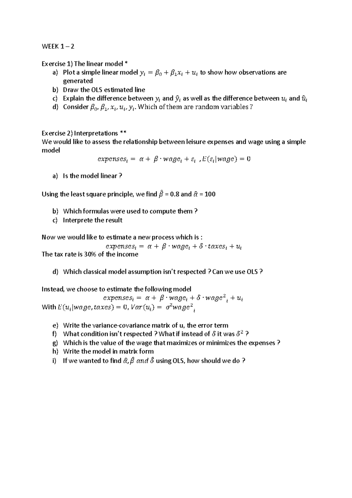 Datascience exercises - WEEK 1 – 2 Exercise 1) The linear model * a ...