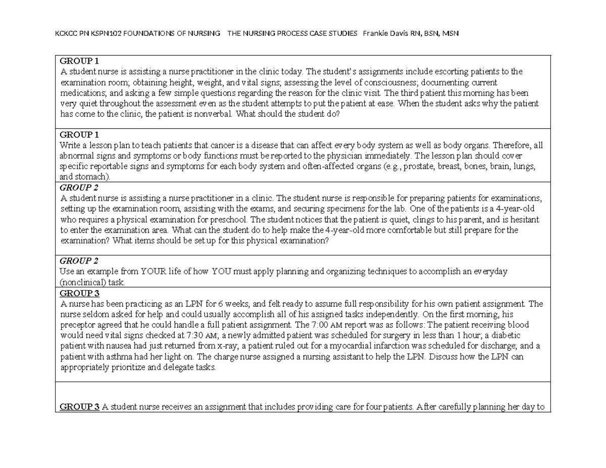 THE Nursing Process CASE Studies SP20 - KCKCC PN KSPN102 FOUNDATIONS OF ...